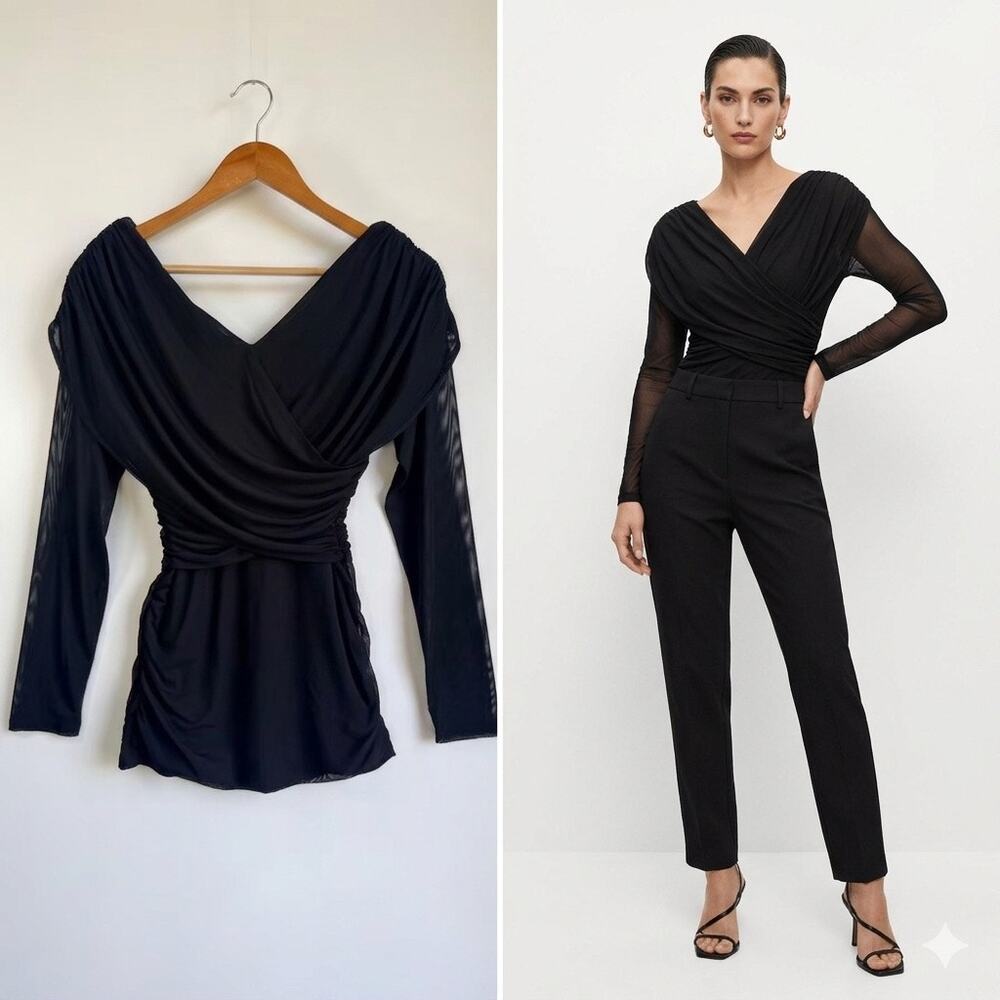 NWT LOFT Black Mesh Ruched Wrap Bodysuit Sheer Long Sleeve Top Size Large L